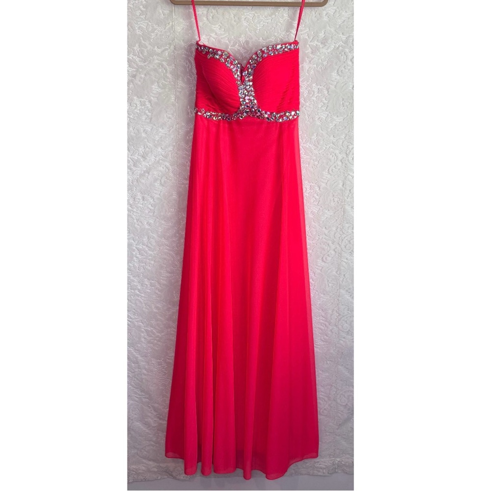 Xscape Strapless Orange Red Gown with Embellished Bodice